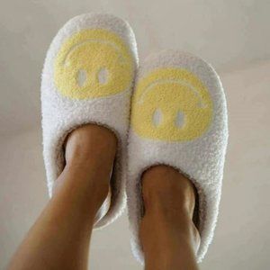 Yellow and White Smiley Face Slippers with Soles